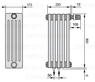 Схема (чертеж) Радиатор Zehnder Charleston 5090/5 №V008 Белый глянцевый RAL 9016